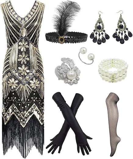 IWIWB Women's 1920s V Neck Beaded Fringed Gatsby Theme Flapper Dress with Accessories Set