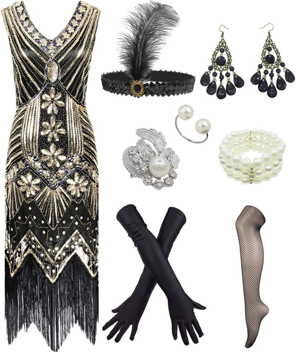 IWIWB Women's 1920s V Neck Beaded Fringed Gatsby Theme Flapper Dress with Accessories Set - Review, Price and Buying Guide