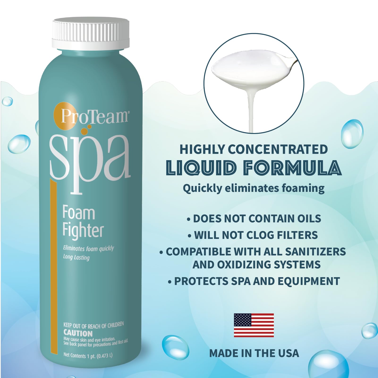 ProTeam Spa Foam Fighter – Éliminateur de mousse de spa aide à la mousse du duvet pour jacuzzi avec guide d'entretien SplashWiz des produits chimiques pour jacuzzi – Fabriqué aux États-Unis (1 pt)