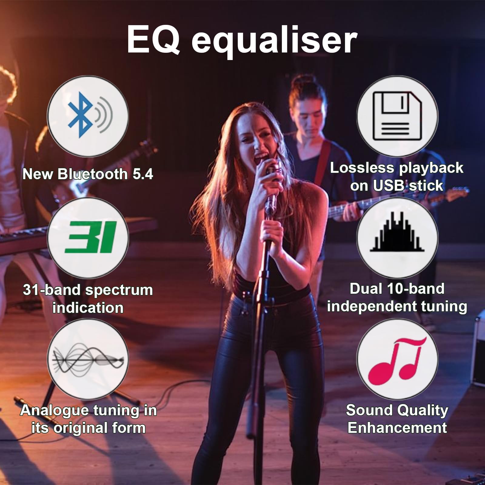 Ecualizador gráfico estéreo de 31 Bandas, decodificación de Audio Digital óptica coaxial Bluetooth 5.4, reducción de Ruido, 12 Patrones de Ritmo, para Estudio de grabación（EQ8000）