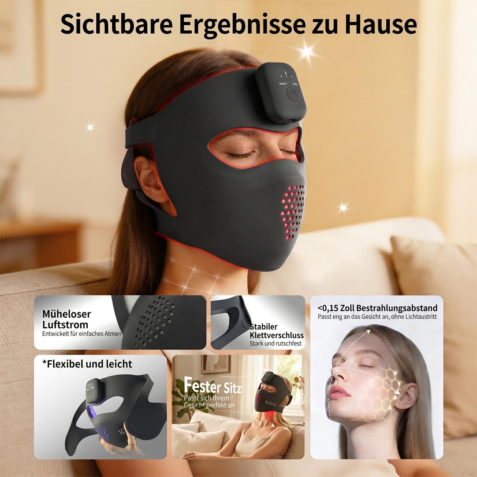 Gesichtsmasken-Lichttherapie, LED-Rotlichttherapie für das Gesicht, Infrarot- und Rotlichttherapie für das Gesicht, wiederaufladbares tragbares Rotlicht-Gesichtsgerät (Schwarz B)