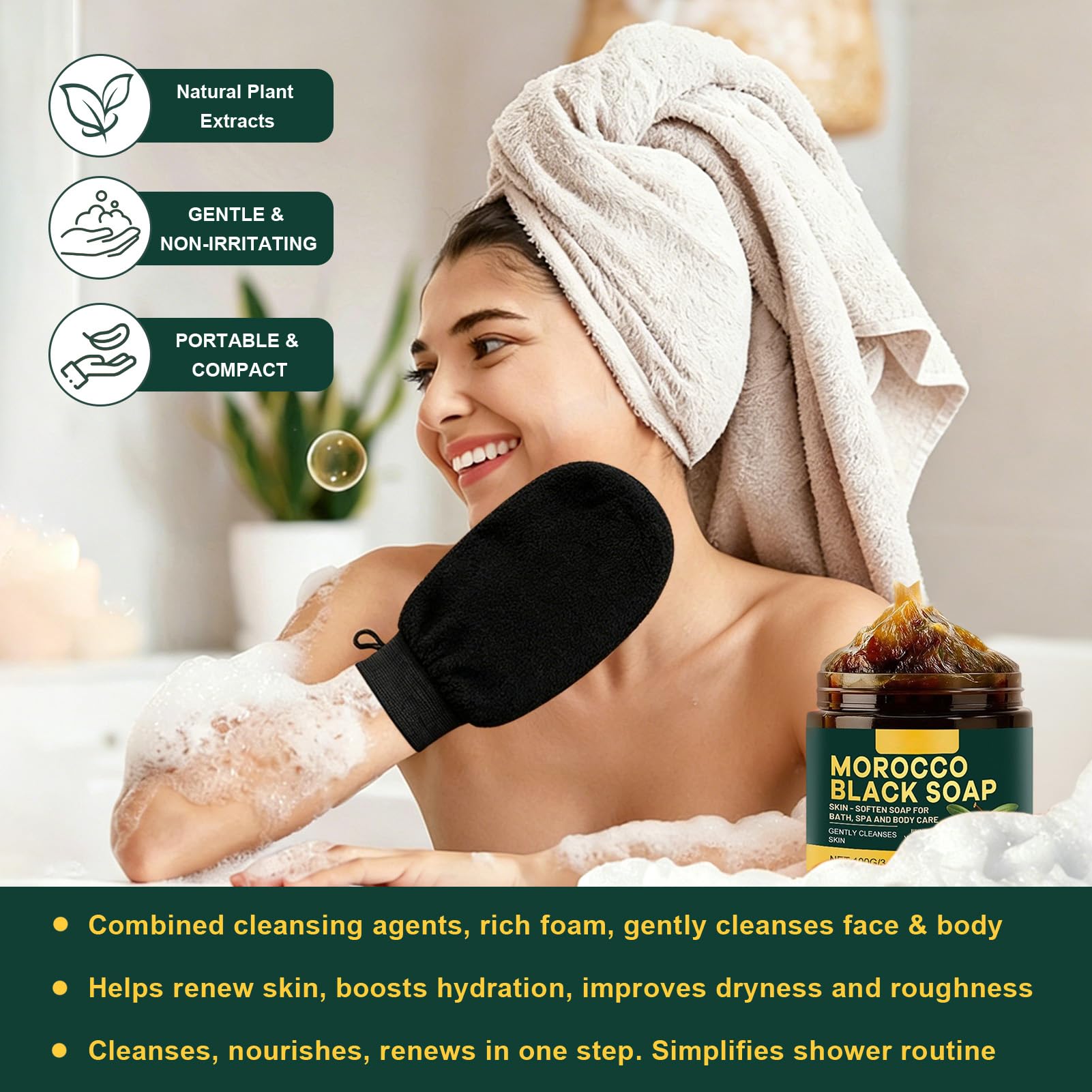 Maroko czarne mydło Morocco Black Soap z rękawiczkami do peelingu, czarne mydło z oliwkami i różą, maroko, peeling do ciała, Bio Morocco Black Soap, nawilżające mydło, czarne dla miękkiej skóry