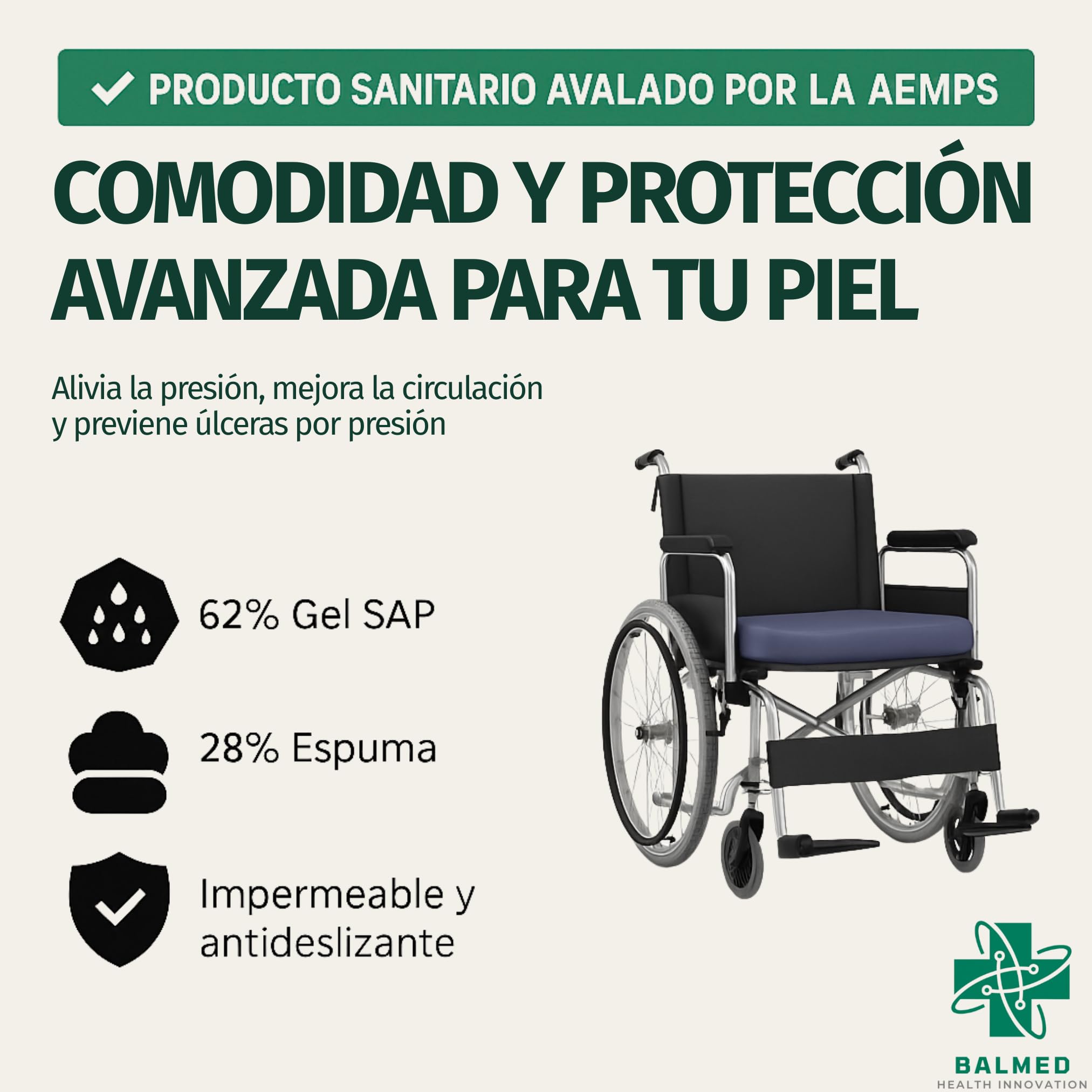 Cojin Antiescaras - Ortopédico para Silla de Ruedas - Alivio de Presión - Gel SAP 62% + 28% Viscoelastica - Ideal para Hemorroides, Úlceras y Postoperatorios - Producto Certificado por la AEMPS