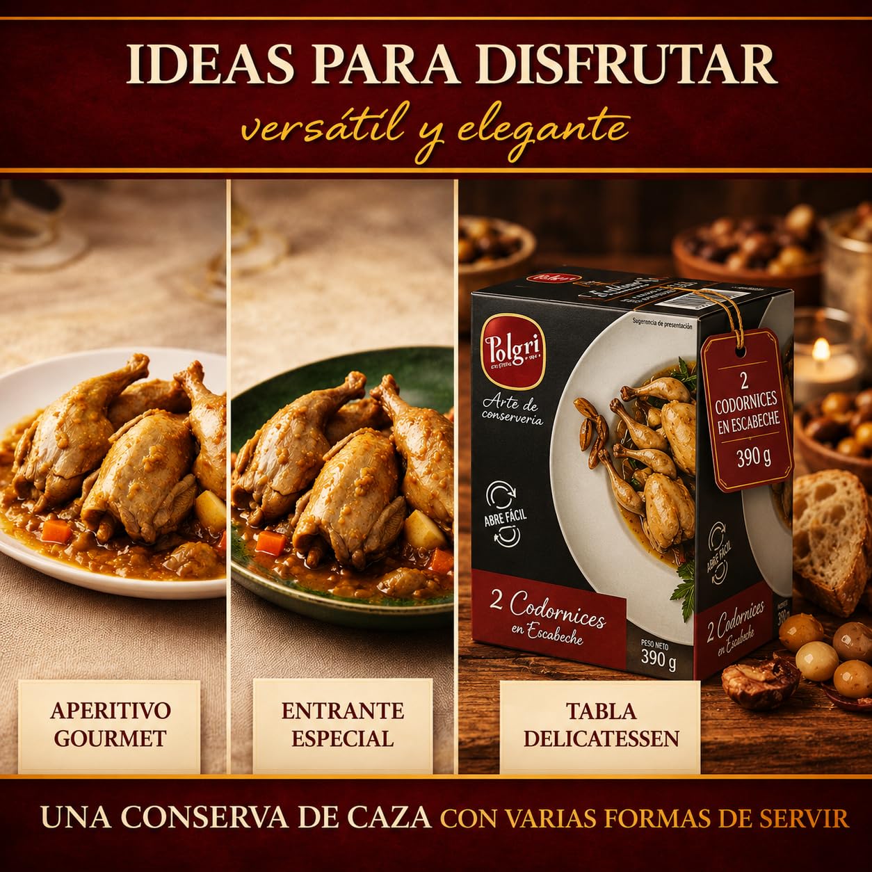 POLGRI Codornices en Escabeche 3 latas 390 gr Conserva Gourmet Carne de Caza Aperitivo Premium