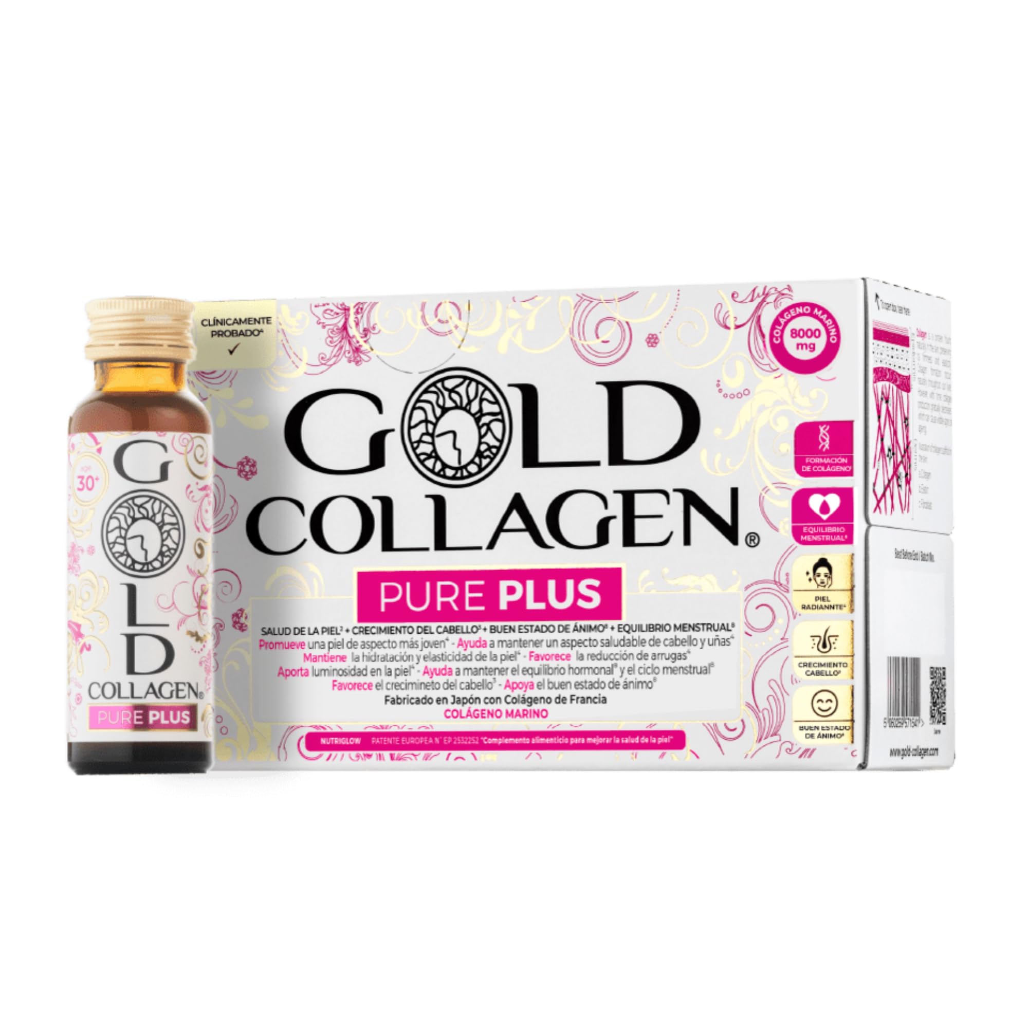 GOLD COLLAGEN New Pure Plus - Complemento con 8g Colágeno Marino Hidrolizado, Biotina para el Cabello Piel y Uñas Equilibrio Hormonal e Inmunitario con Vitamina C Ácido Hialurónico, 10 Botellitas 50ml
