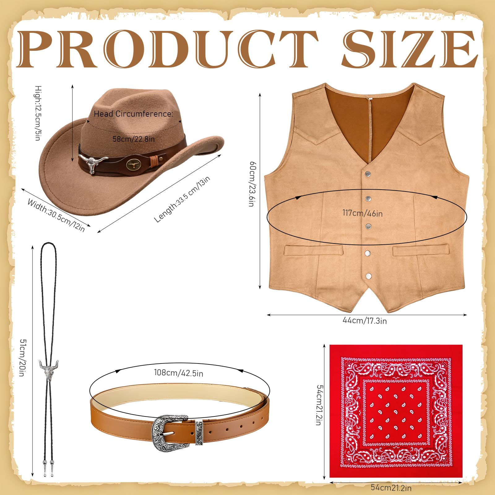 Kaxtde 5 Pcs Western Cowboy Outfits for Men Cowboy Fancy Dress Costume Set including Vest Hat Bandana Belt Buckle Necklace for Stag Do Wild West Party Halloween Cosplay - Image 2