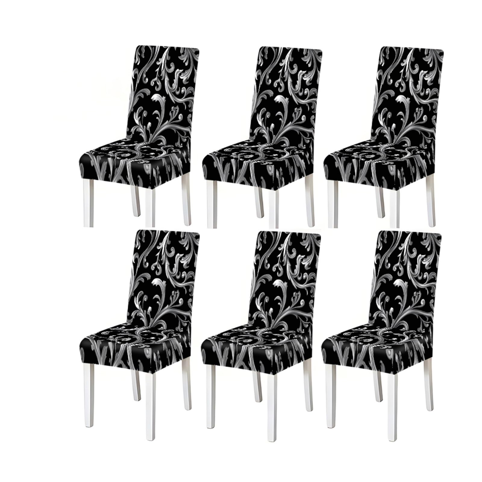 FZJKGH Black Silver Baroque Scroll Pattern Print Dining Chair Covers Set Of 2/4/6, Luxury Stretch Slipcovers For Kitchen Dining Room Removable Stretch Slipcovers for Dining Chairs(6PCSChair cover)