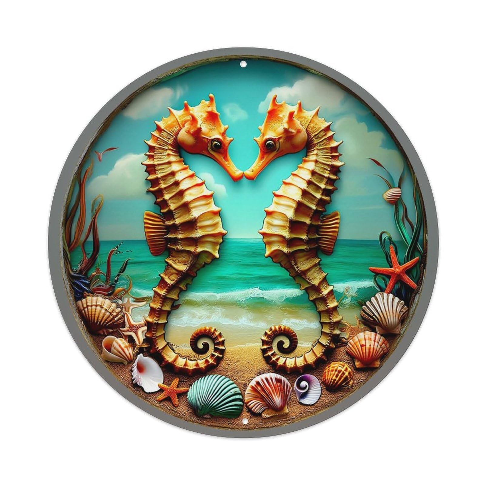 Seahorse Ocean Shell Starfish Beach Round Metal Tin Sign Vintage Wall Decor, Bar Garage Cafe Kitchen Home Wall Art Poster 8x8inches