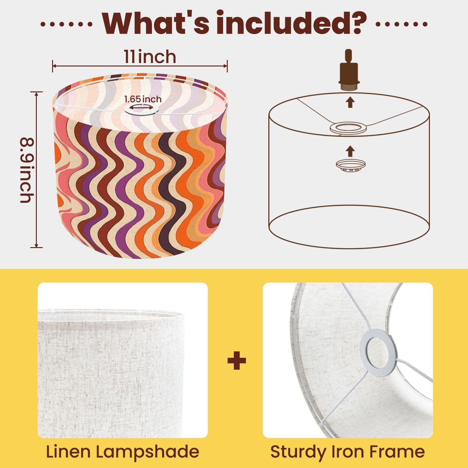 Drum Lamp Shade Groovy lines abstract seamless pattern Retro 1970s nostalgic geometric Lampshade for Floor Lamps Table Lamps Pendant Light 8.9"x11" Linen Lampshades Replacement Large Lamp Shade