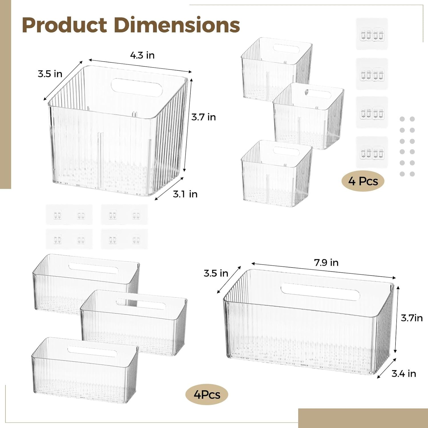 Cabinet Door Organizer, Wall Mount Bins, 8-Piece, Adhesive Hooks