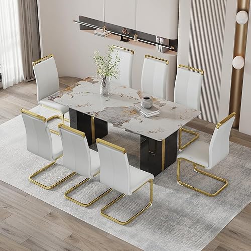 Miniatura 26 de Juego de mesa de comedor moderno de 71 pulgadas para 6, juegos de comedor para 6, mesa de mármol sintético de cocina y sillas de piel sintética,