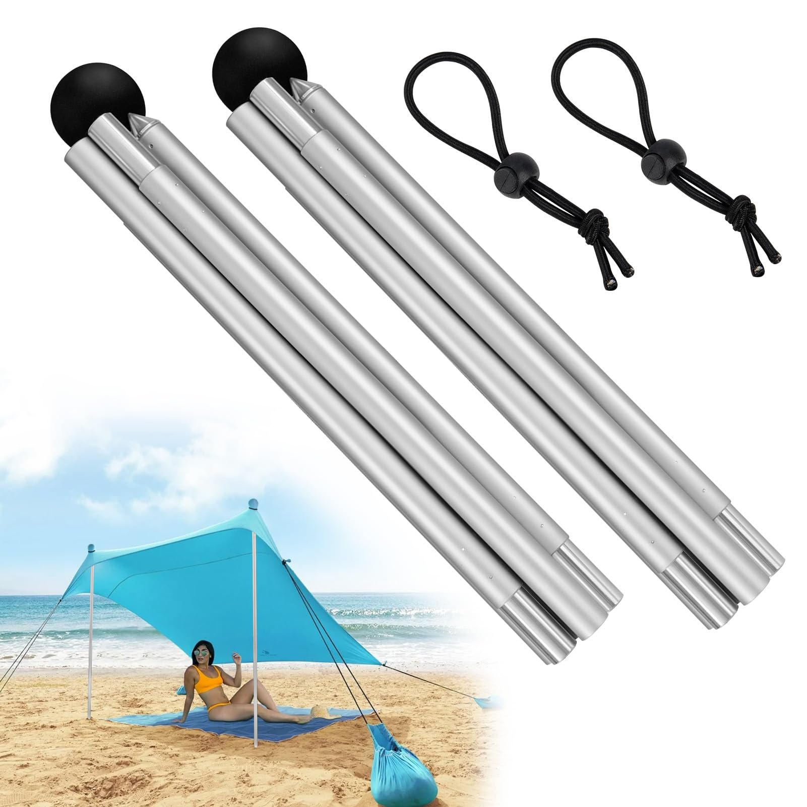 Photo 1 of 2PCS 6.56ft Foldable Beach Tent Poles Replacement Compatible with Neso Grande Canopy,Aluminum Alloy Tent Extra Poles,Portable Beach Tent Fix Accessories for Camping,Hiking,Backpacking