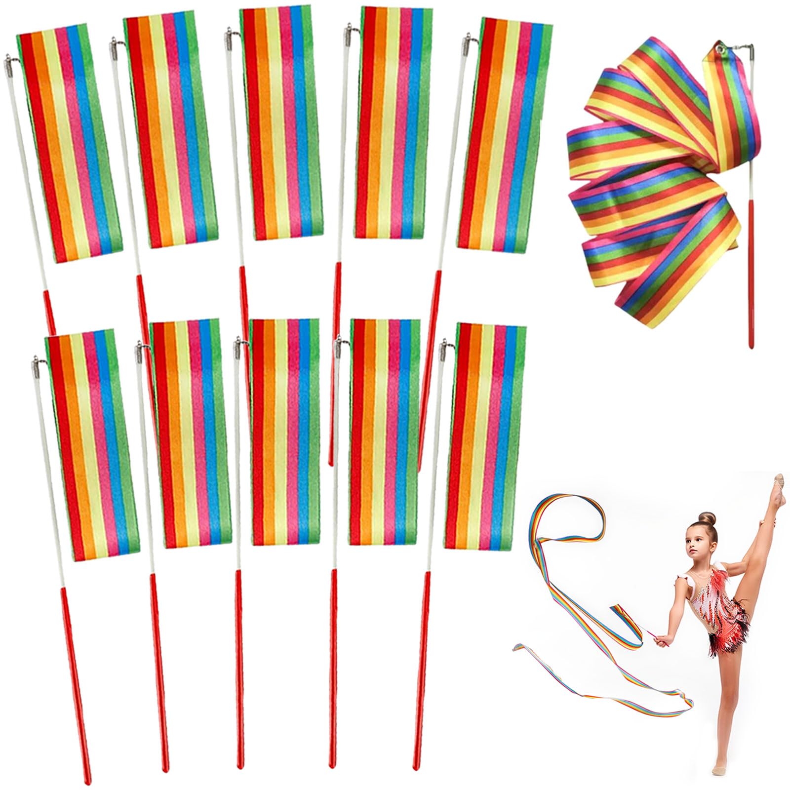 Houbobo Dance Ribbons, 10 Pack Rainbow Gymnastics Ribbon Wands for Kids Dancer, Fits Artistic Dancing Gymnastics, Circus Carnival Shows, Talent Shows Dance Floor Party Props