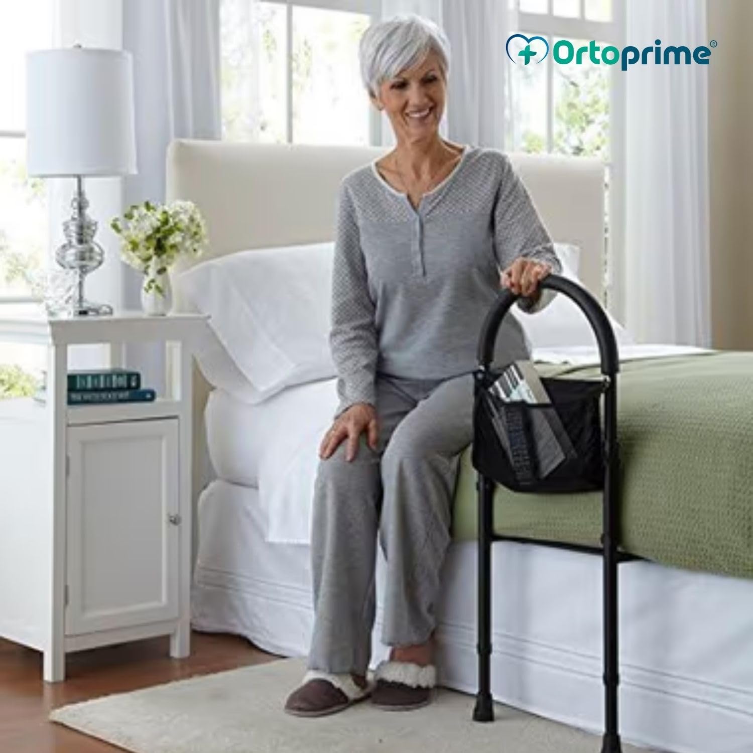 OrtoPrime Maniglia da Comodino Confort – Barriera di Sicurezza per Adulti – Sponda Laterale con Porta Riviste – Impugnatura Imbottita – Aiuto per Alzarsi dal Letto Anticaduta Nera