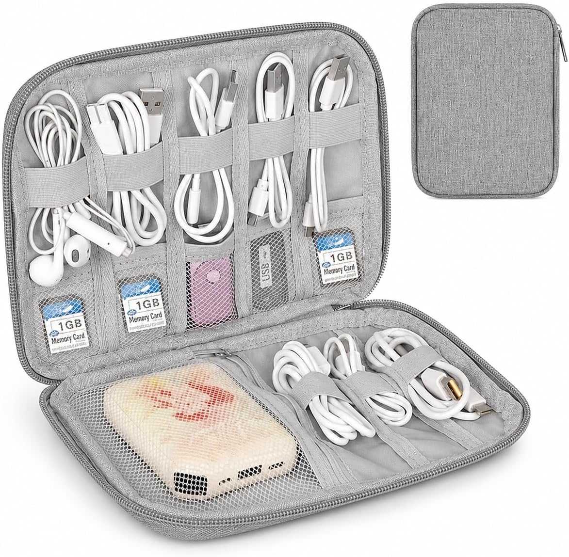 Electronics Travel Organizer Case, Cable Cord Tech Pouch for Chargers USB Earbuds SD Cards Phone Power Bank, Portable Accessories Storage Bag Carrying Case, Airplane Travel Essentials Gray