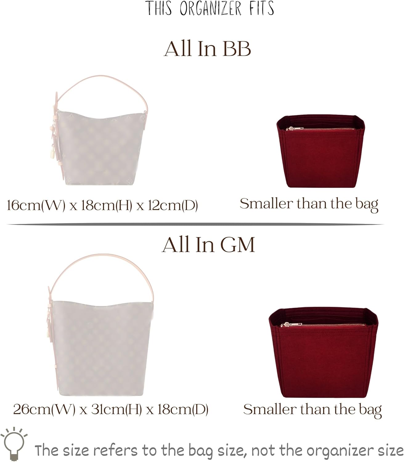 Organizer for All In BB | GM, Handmade Felt Bag Insert, 31 Colors (BB, Burgundy)