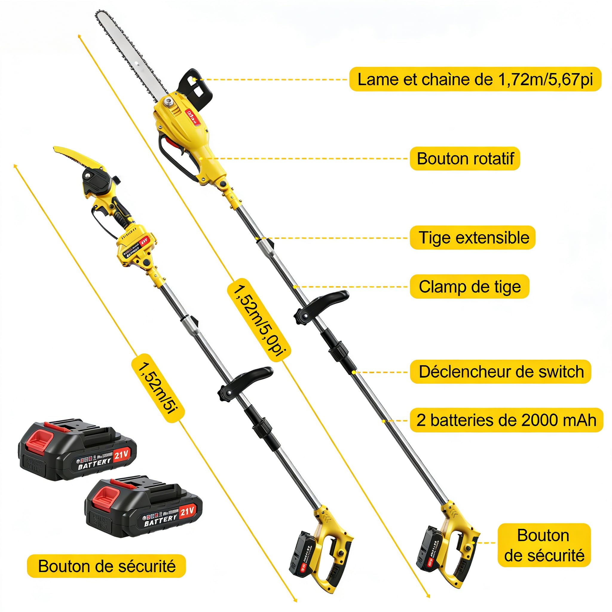 Taille-Haute Batterie 2 en 1, Tronçonneuse 6 Pouces et Taille-Haute Électrique avec 2×2.0Ah Batterie, Tige Télescopique Jusqu'à 1.72m, Taille-Haute pour Branches d'Arbres et Coupe de Bois