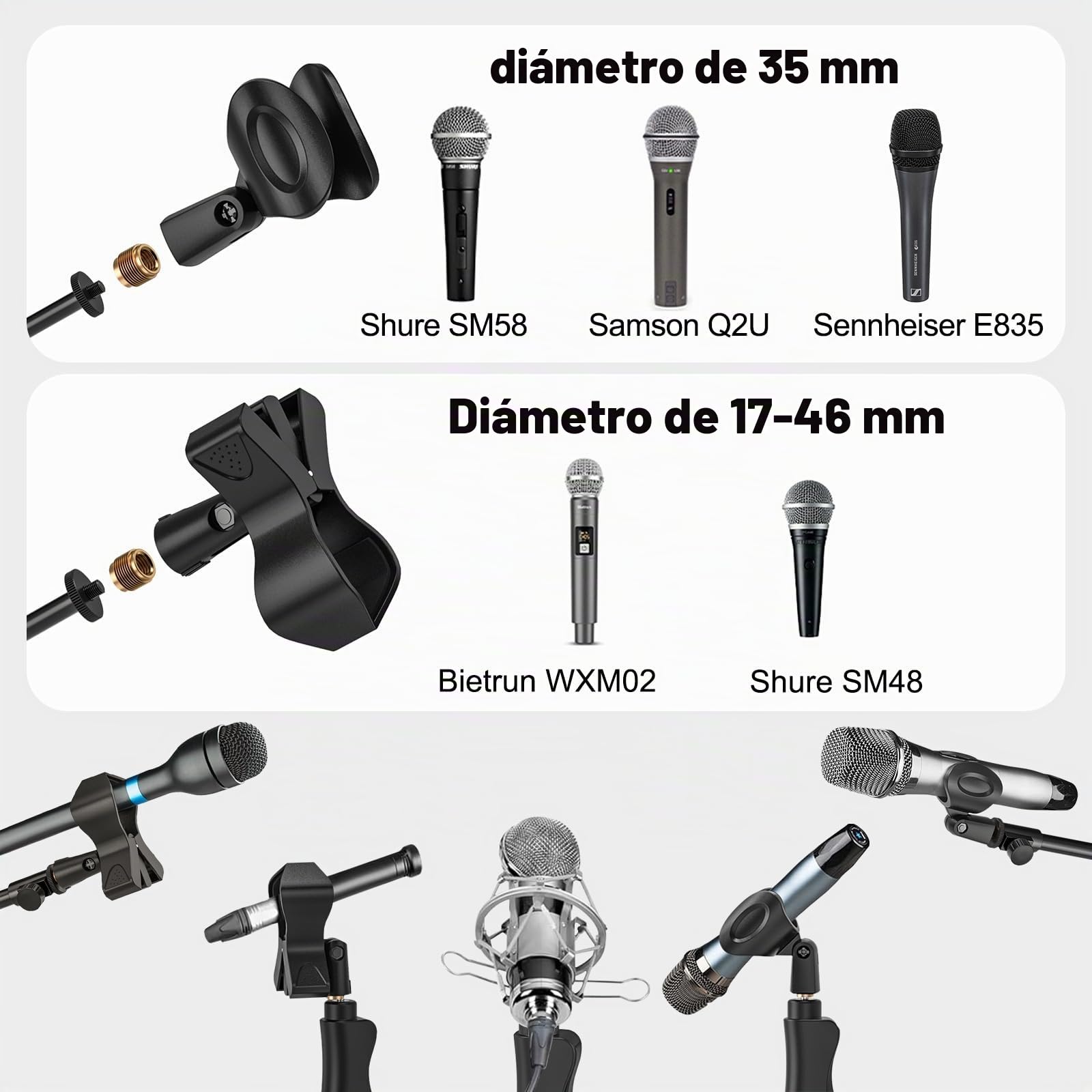 Soporte de Micrófono, Soporte Microfono Pie, Altura Ajustable Hasta 232 cm, 2 Clips, Adaptador 3/8" a 5/8", Brazo Extensible. Para Escenario, Conferencia, Grabación, Podcast. Pie de Microfono