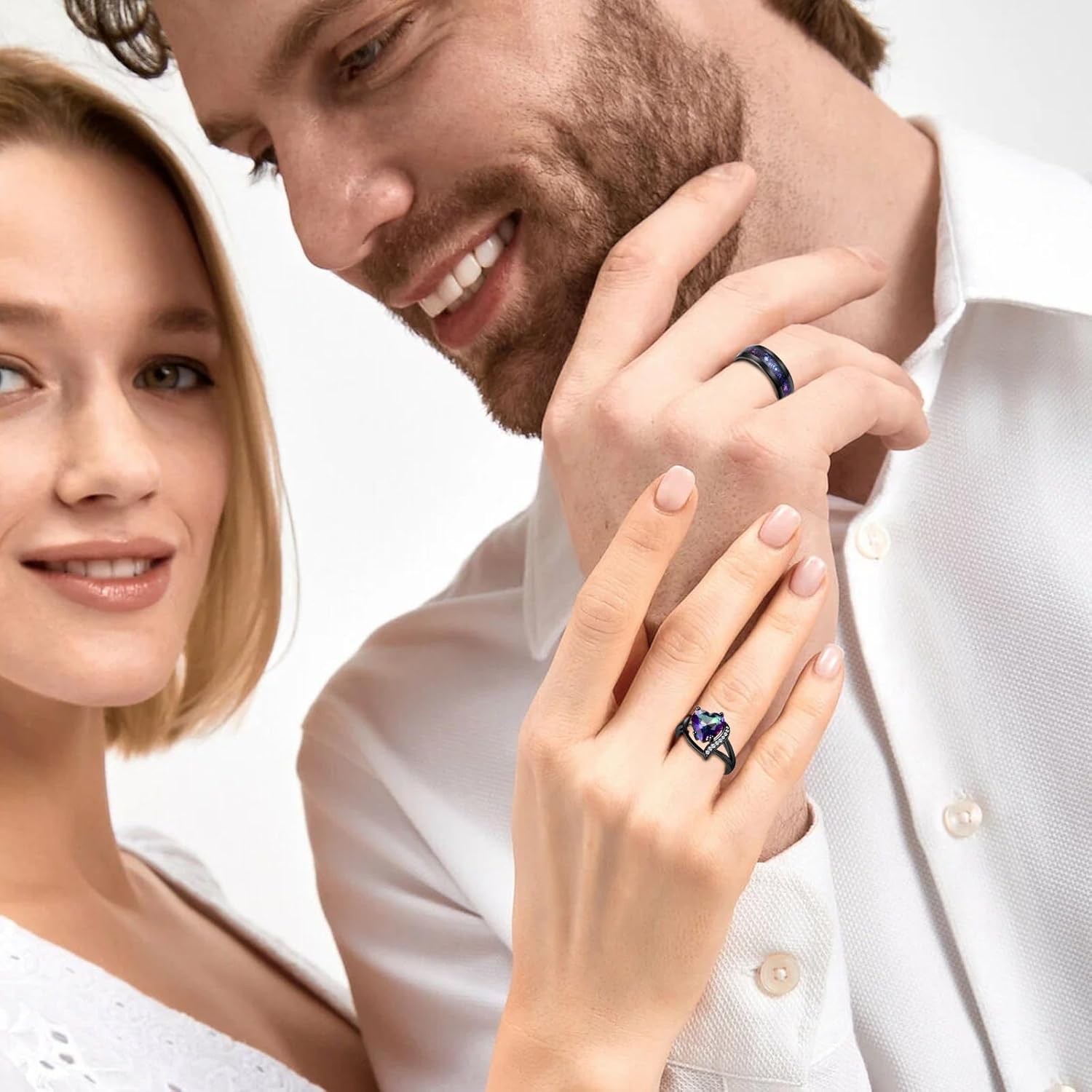 Personalized Matching Couple Rings, Custom Engraved Band Set for Him & Her, Galaxy Design Fashion Jewelry, Ideal Gift for Valentines Day & Anniversary