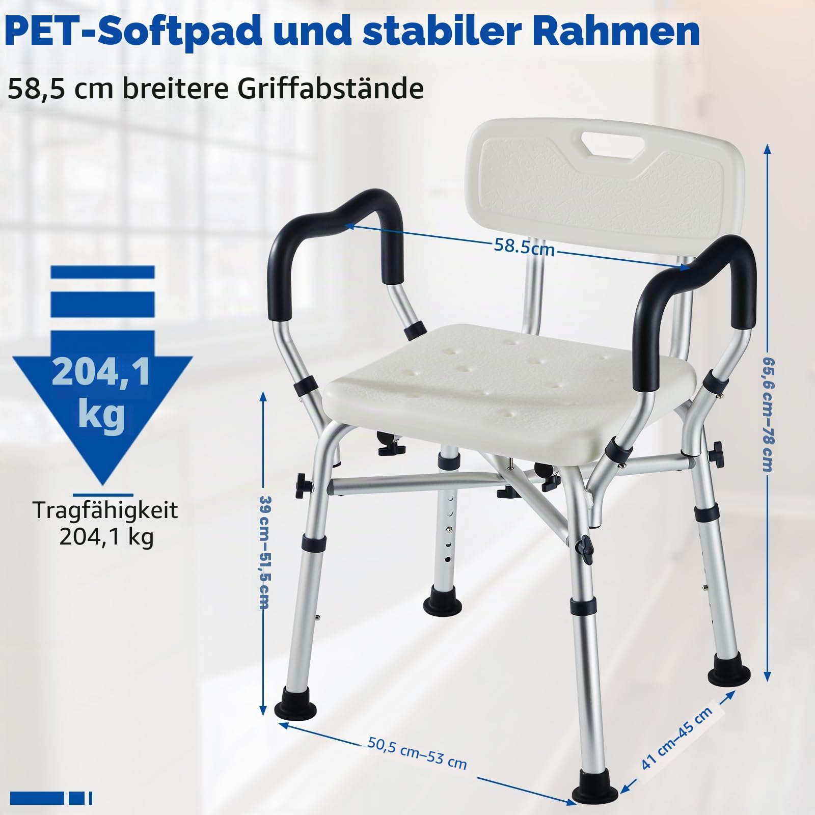 Duschstuhl für Senioren, Duschsitz, Duschstuhl mit Armlehnen und Rückenlehne,Badestuhl für Senioren mit 6-stufiger Höhenverstellbar, Traglast 180 kg Blau