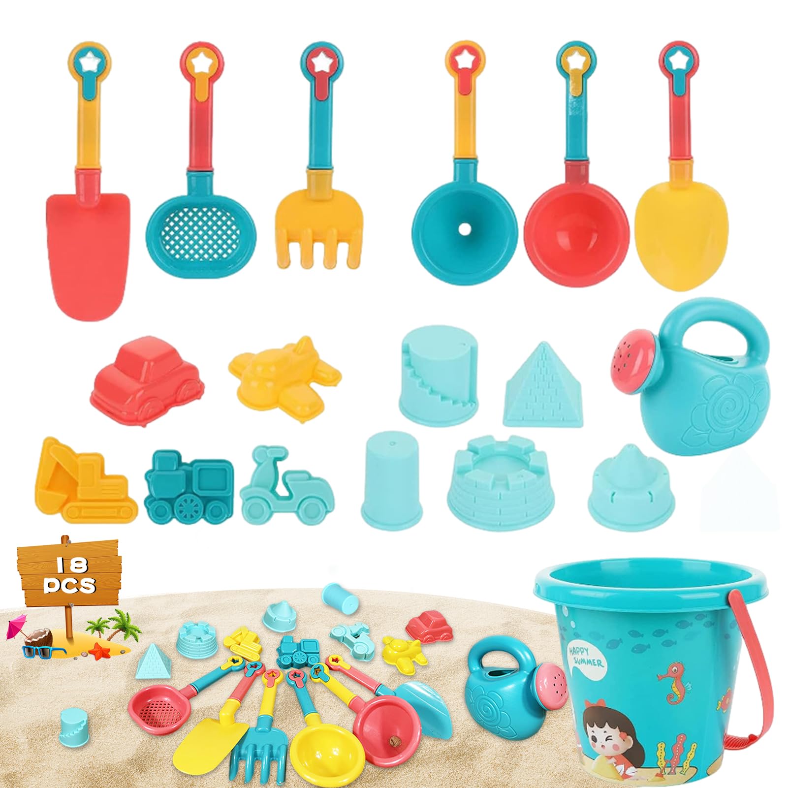 Shinybox Juguetes de Playa para Niños, 18 Piezas Juguetes para la Arena y para la Playa Niños con Cubos de Arena, Palas de Arena, Rastrillos de Arena, Juguete de Exterior Regalo para Niño Niña