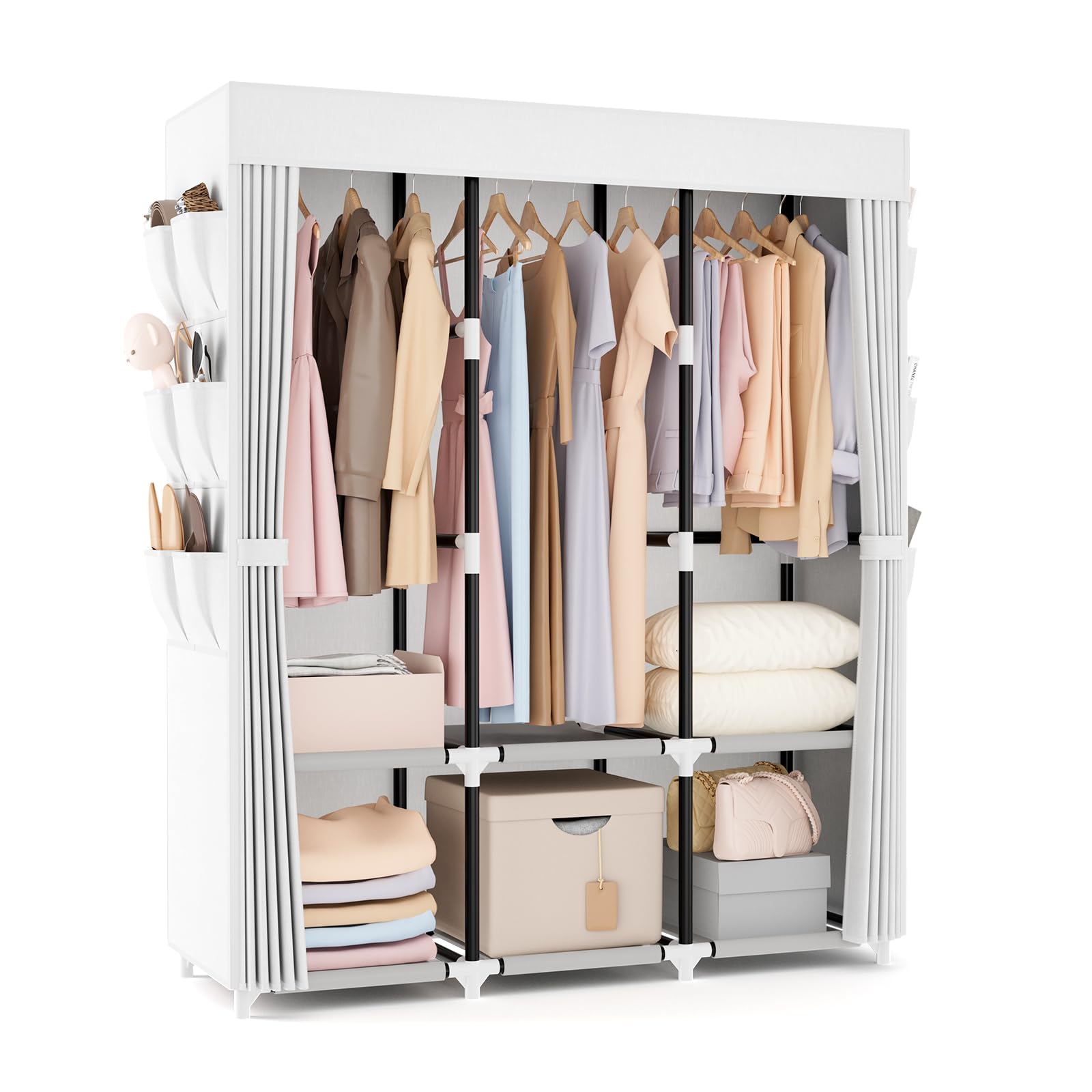 VTRIN Portable Closet Wardrobe for Hanging Clothes Closet with Cover, 3 Hanging rods, 6 Storage Shelves and Side Pocket, Diameter 19mm Metal Pipe,