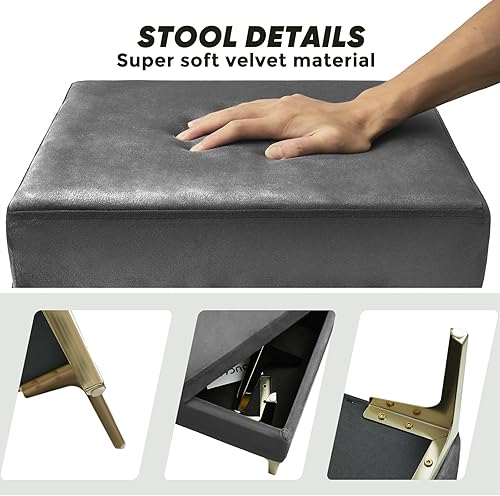 Miniatura 4 de HOUCHICS Reposapiés pequeño, otomano de madera de terciopelo con patas de madera, reposapiés para sofá, asiento adicional para sala de estar,