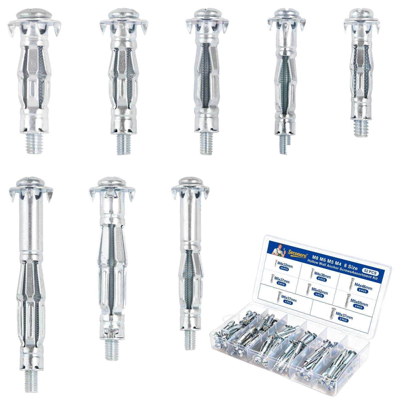Seconero 52 Pcs Hollow Wall Anchor,8 Size Plasterboard Fixings Drywall Anchor M4 M5 M6 M8 Zinc Plated Steel,Durable Hollow Door Cavity Wall Fixings Assortment Kit,Metal Plasterboard Fixings Heavy Duty
