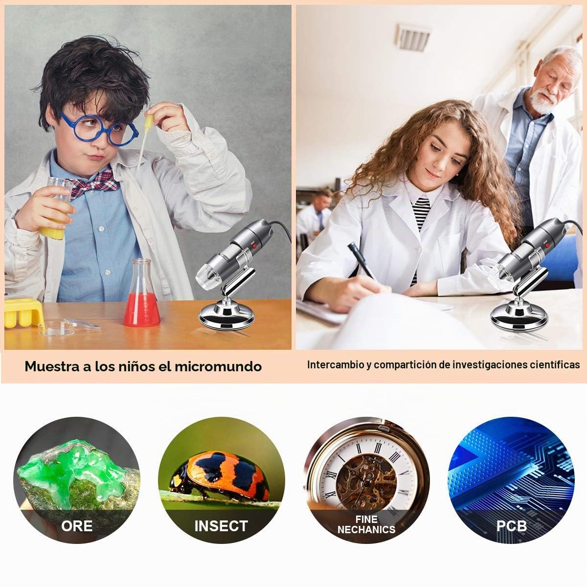 Cámara de microscopio USB de 40X a 1000X, microscopio Digital con Estuche de Transporte, Compatible con Android Windows 7 8 10 Linux Mac, microscopio portátil para niños, Estudiantes y Adultos (Gris)