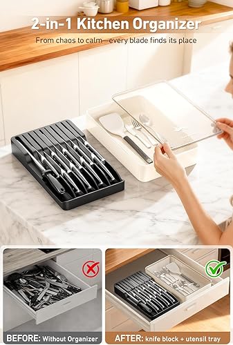 Vista 2 de MAD SHARK Bloque de cuchillos desmontable 2 en 1 y organizador de cubiertos, soporte para cuchillos de cajón para 10 cuchillos, sin BPA, ranuras