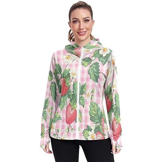 Qilmy Linda estampa de morango FPS 50+ roupa de proteção solar UV moletom com capuz FPS manga longa camisa de sol 583, A, XG