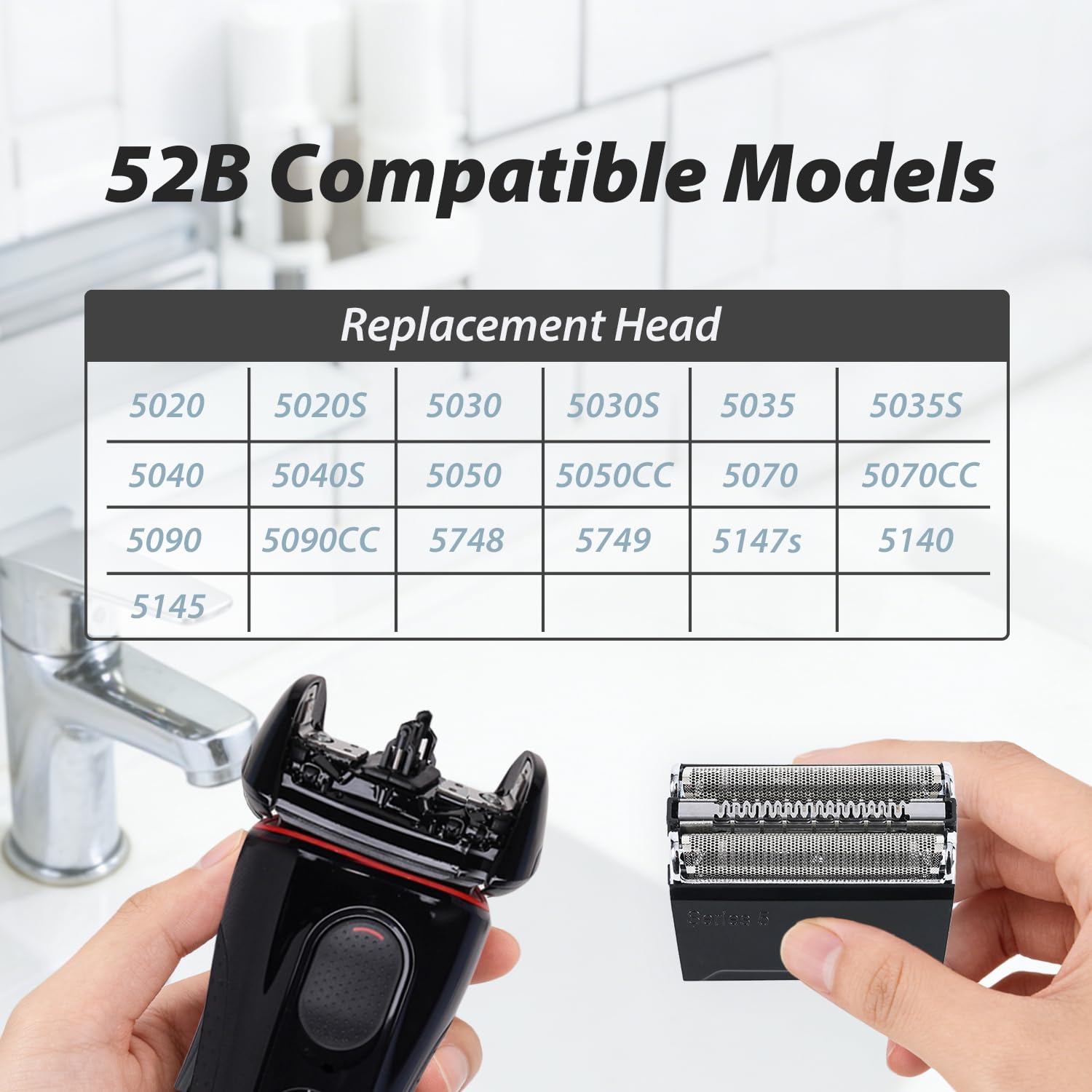 2 Pack 52B Ersatz Rasierkopf Kompatibel mit Braun Series 5 elektrischer Kopf Rasiermaschine, kompatibel mit 5018S, 5020CS, 5050CS, 5031S usw, schwarz, Präzisionsklingen, glatte Rasierung