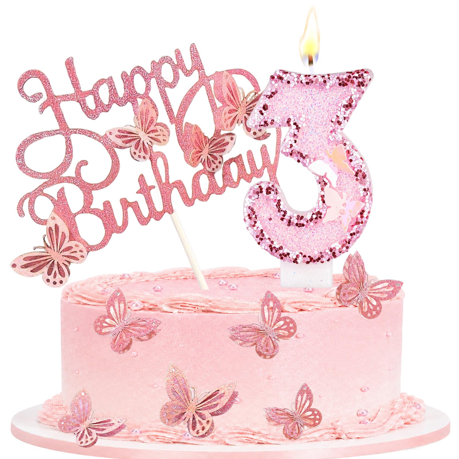 Birthday Candle with Pink Butterfly Cake Topper for Party, Number 3