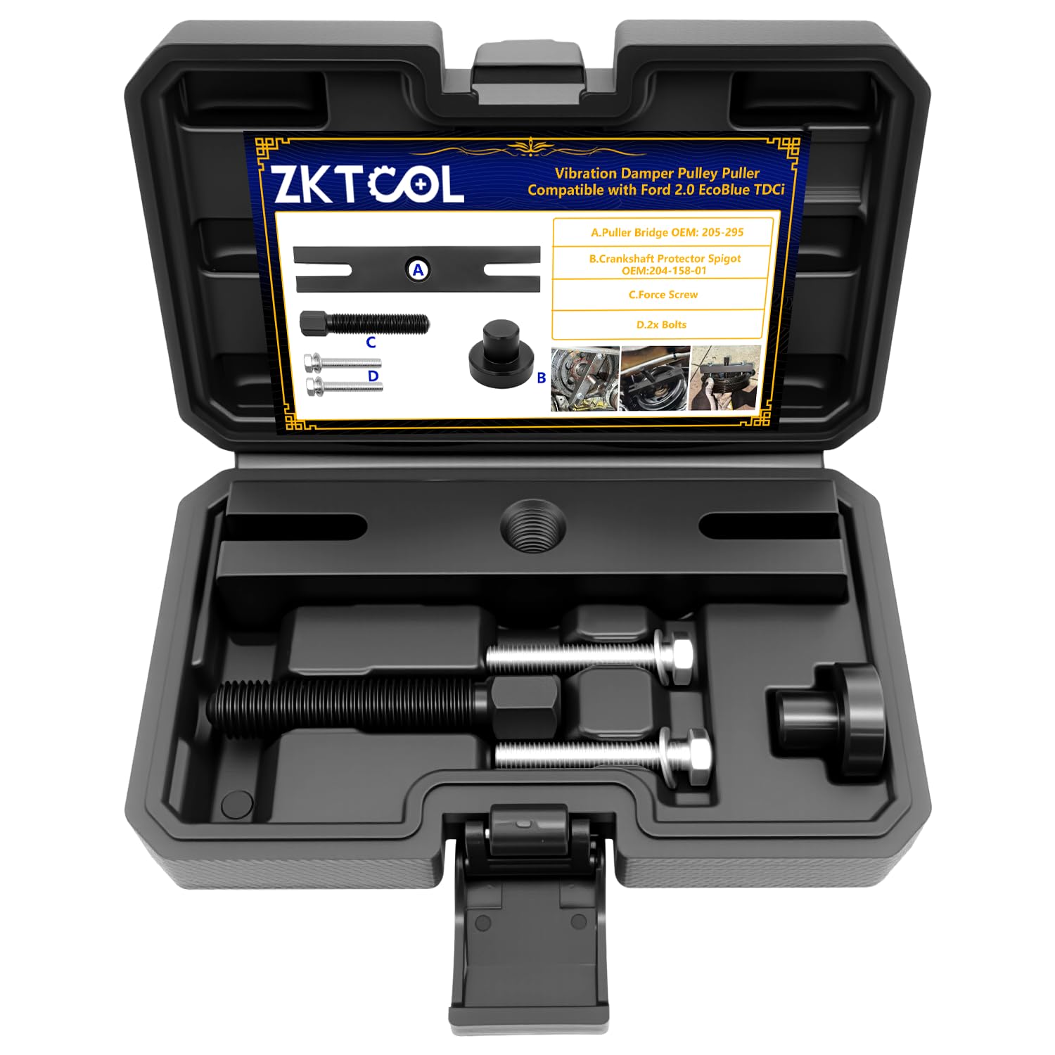 ZKTOOL Extracteur de poulie de vilebrequin, extracteur de poulie d'amortisseur de vibrations, outil pour installer et démonter la poulie, compatible avec Ford 2.0 EcoBlue TDCi, OEM 204-158-01, 205-295