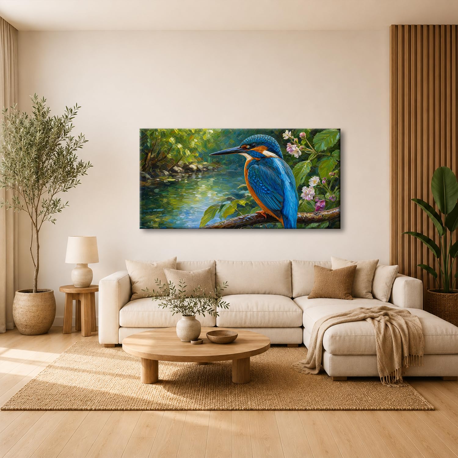 deyoli Obraz na płótnie Kolorowy zimorodek na gałęzi nad wodą 60 x 30 cm kolorowy