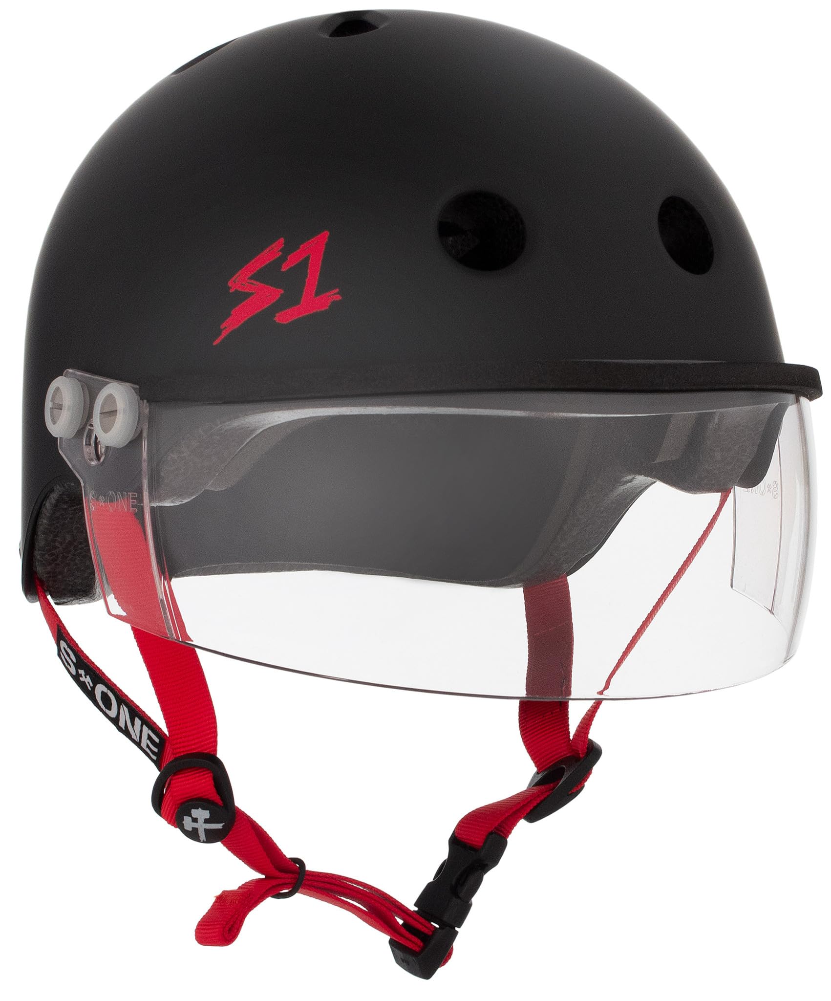S1 Lifer Visor Helmet Gen 2 for Skateboarding, BMX, and Roller Skating - EPS Fusion Foam, CPSC & ASTM Certified - Black Matte w/Red Straps and Clear Visor Large (22