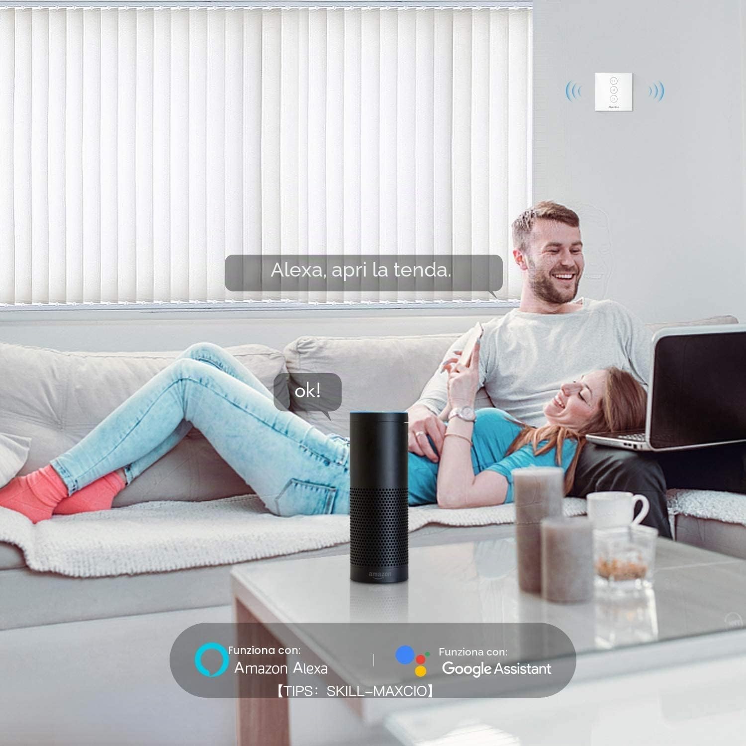 Maxcio Interruttore per tapparelle, timer compatibile con Alexa & Google Home, interruttore intelligente per tenda da sole, persiana, tenda, controllo tapparelle WiFi con timer e creazione di gruppo,