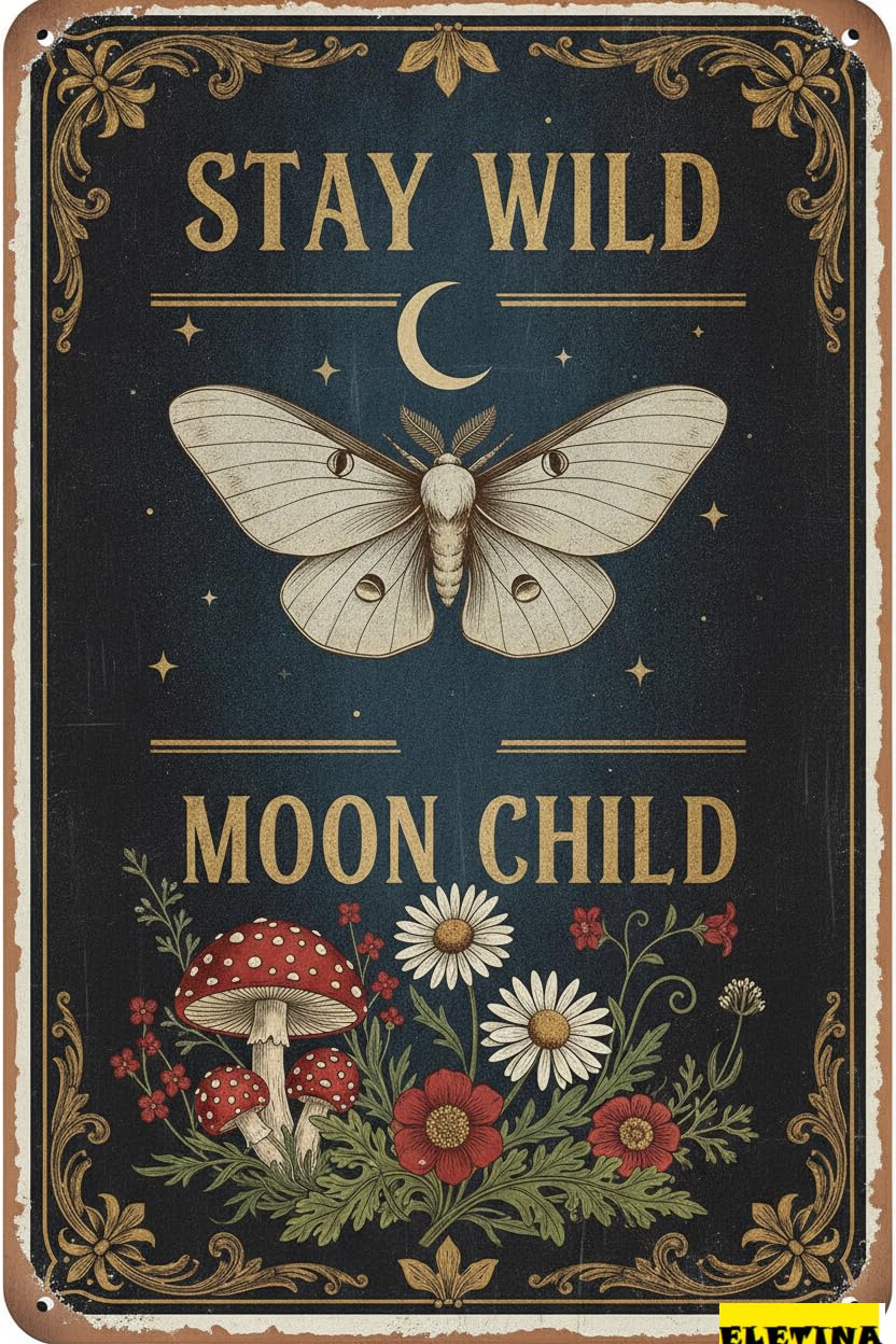Personalized Sign for Man Cave Mushroom Metal Retro Hippie Room Decor Stay Wild Moon Flower Wall Decor Bedroom Bathroom 8x12inch Private Property Decorative