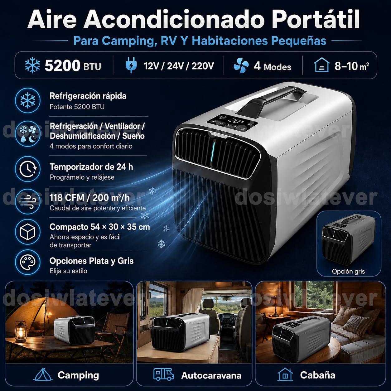 Aire Acondicionado Camping Portátil 5200 BTU, 12V/24V/220V, Enfriamiento Rápido, 3 Velocidades, Temporizador 24h, Aire Acondicionado Caravana para Tienda, Coche, Camión, Camper y Casa Silver-12V