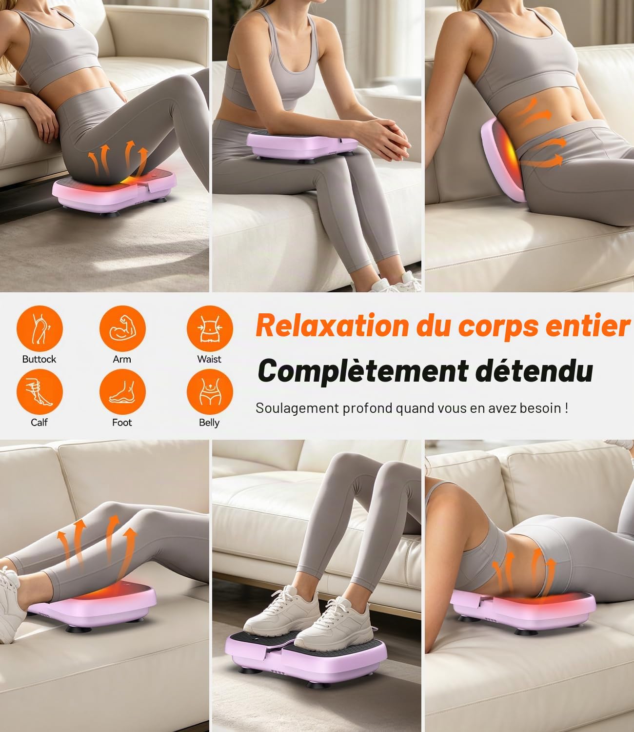 Plateforme Vibrante avec Fonction de Chauffage, Écran Tactile LCD, 6 Modes, Charge Maximale 130 kg, USB-C