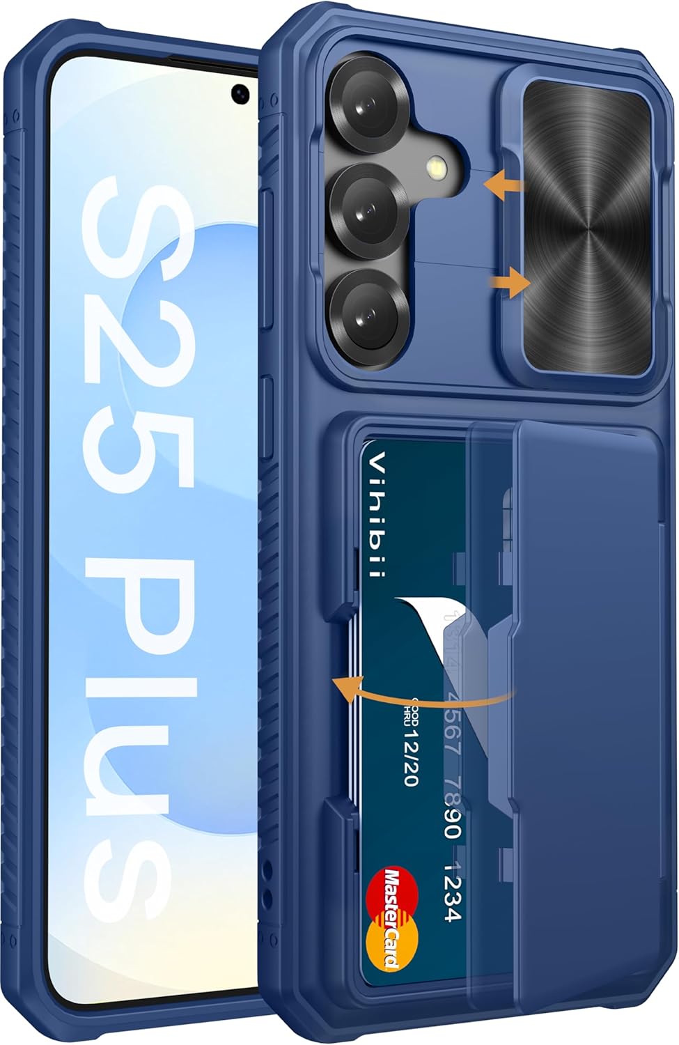 Vihibii for Samsung Galaxy S25+ Plus Case with Card Holder (4 Cards) [RFID Blocking] & Slide Camera Cover, Military Grade Drop Protection, Rugged Hard Back & Silicone Edge Wallet Case, 6.7" 2025, Blue