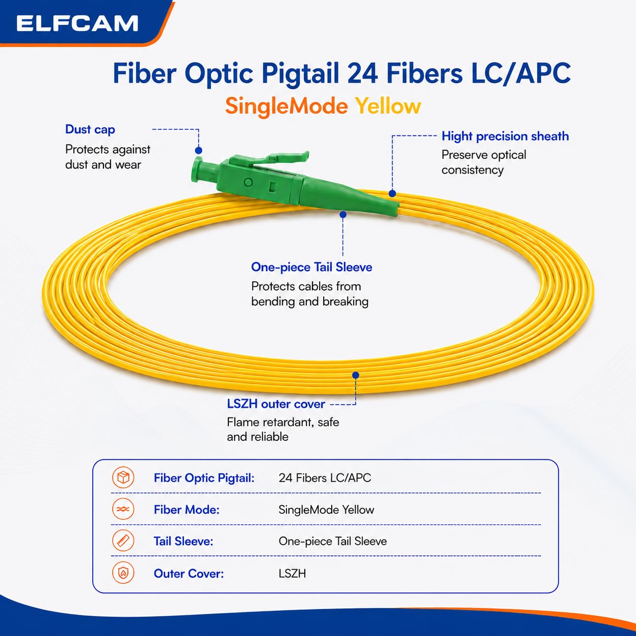 Elfcam® - Pigtail a fibra ottica monomodale Simplex LC/APC Monomodale Simplex 9/125um OS2, 0,9mm 1 metro (lotto da 24, giallo)