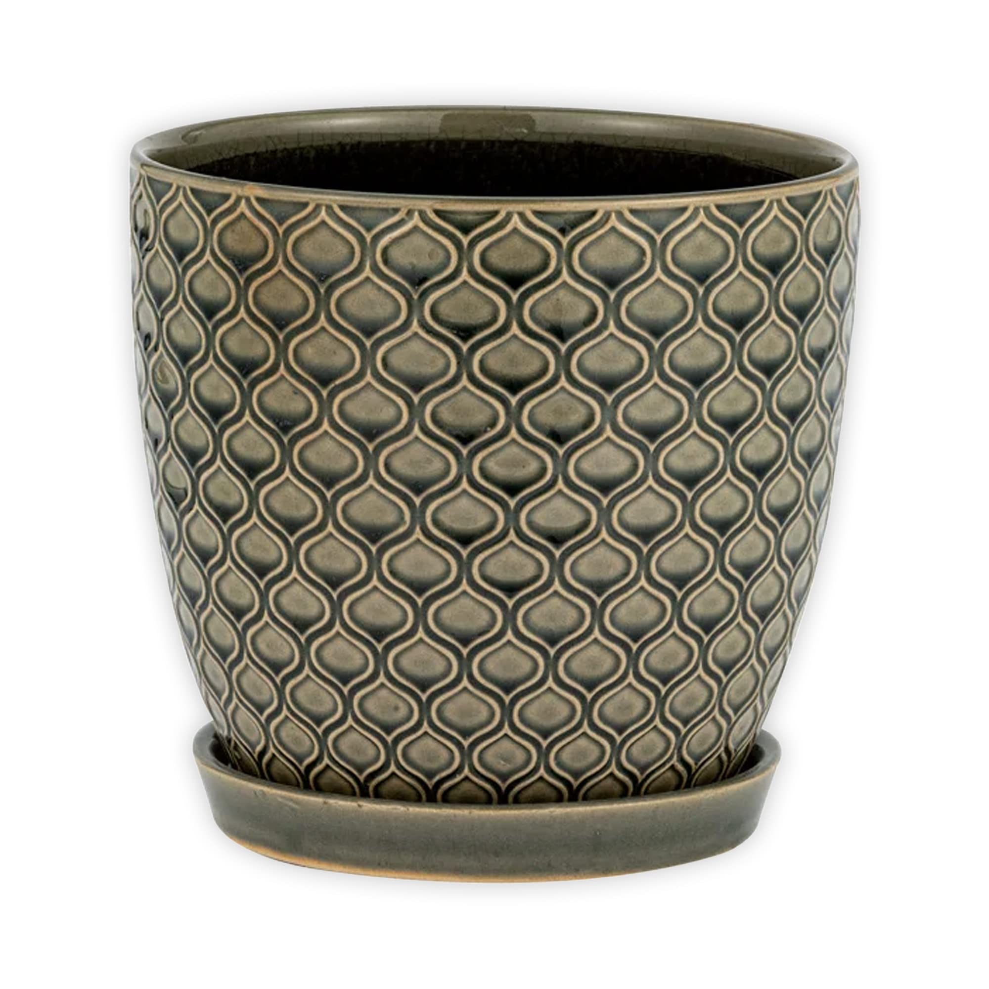 Imports Carved Teardrop Lattice Ceramic Pot with Blue and Purple Glaze for Indoor Plants Planter with Saucer, 7.25 x 7.25