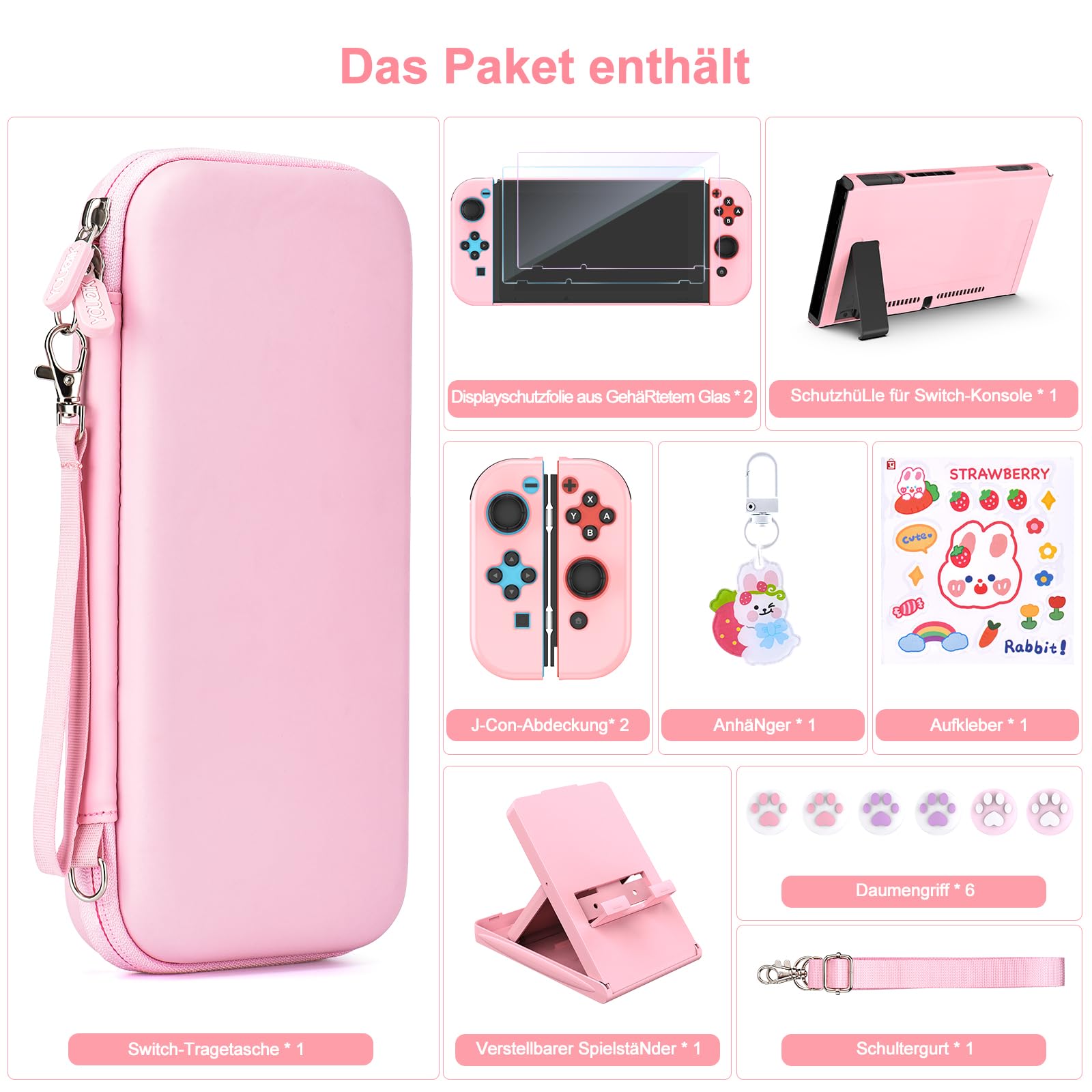 Younik Switch Zubehör Bundle, 17 in 1 Switch Zubehör Kit für Mädchen Enthalten Switch Tasche, Verstellbarer Ständer, Schutzhülle für Switch Konsole & J-Con(Rosa) - 5