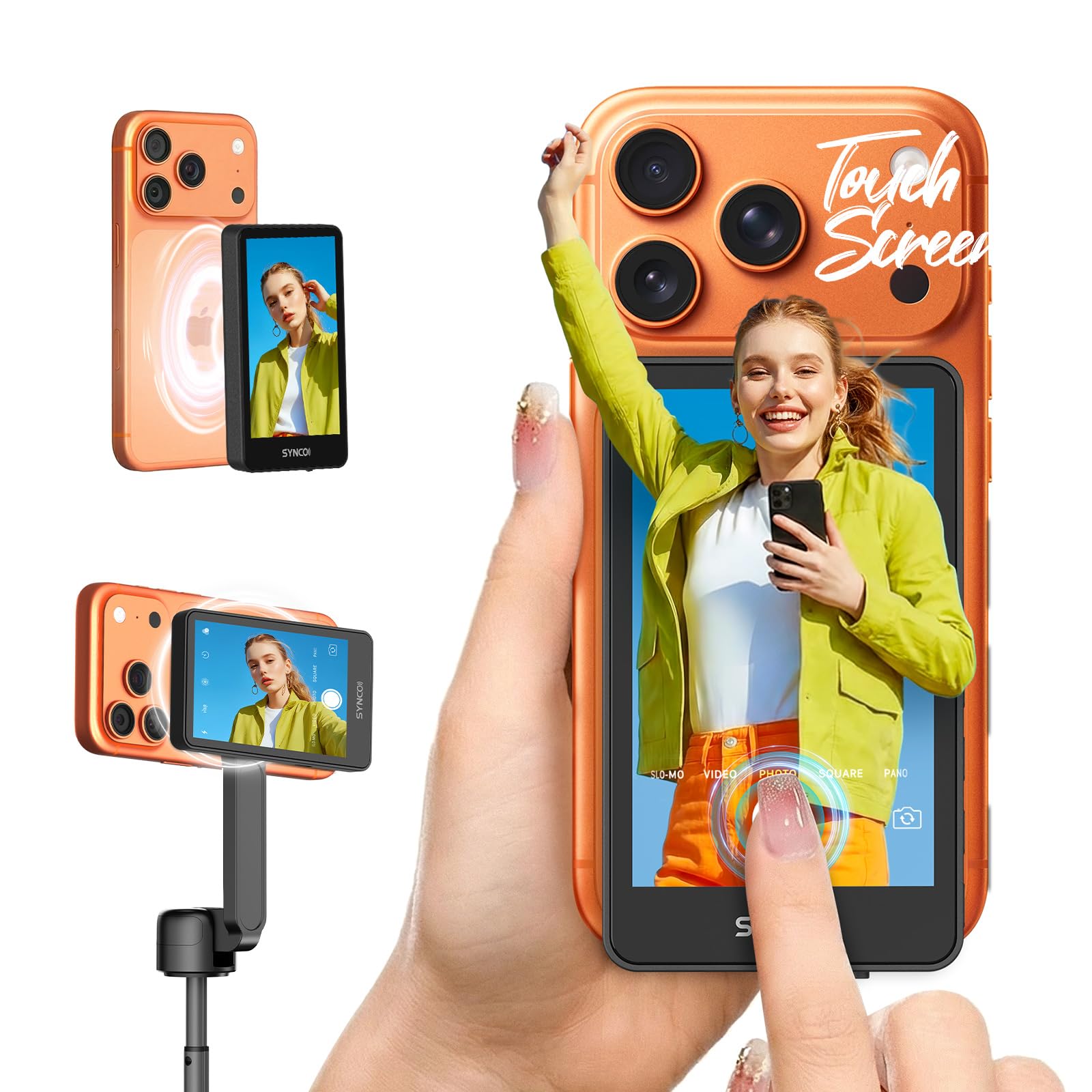 SYNCO XView Monitor con Pantalla Táctil para iPhone 7-17 y Samsung, Pantalla Magnética para Selfie Vlog Inalámbrico 50M Batería 3H, Altavoz Integrado para TikTok Youtube (Negro)