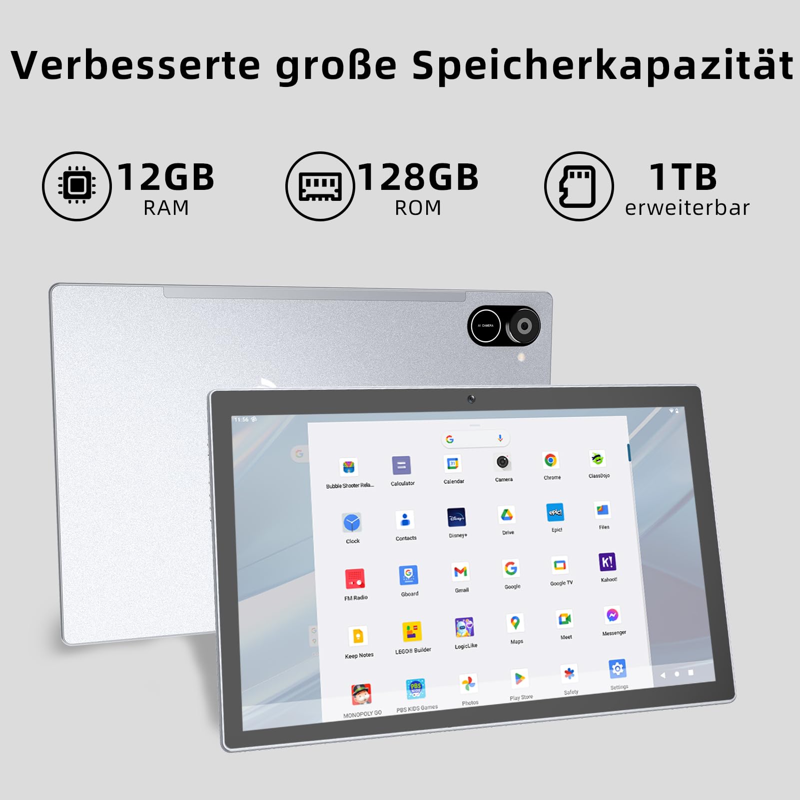 Semeakoko Tablet Android 14, Tablet 10 pollici con 12GB ROM + 128GB RAM (Espansione TF 1TB), Octa-Core, WiFi 2.4G/5G, 10000mAh, Fotocamera 2+8MP, Bluetooth 5.2, 1280x800 IPS (Argento)