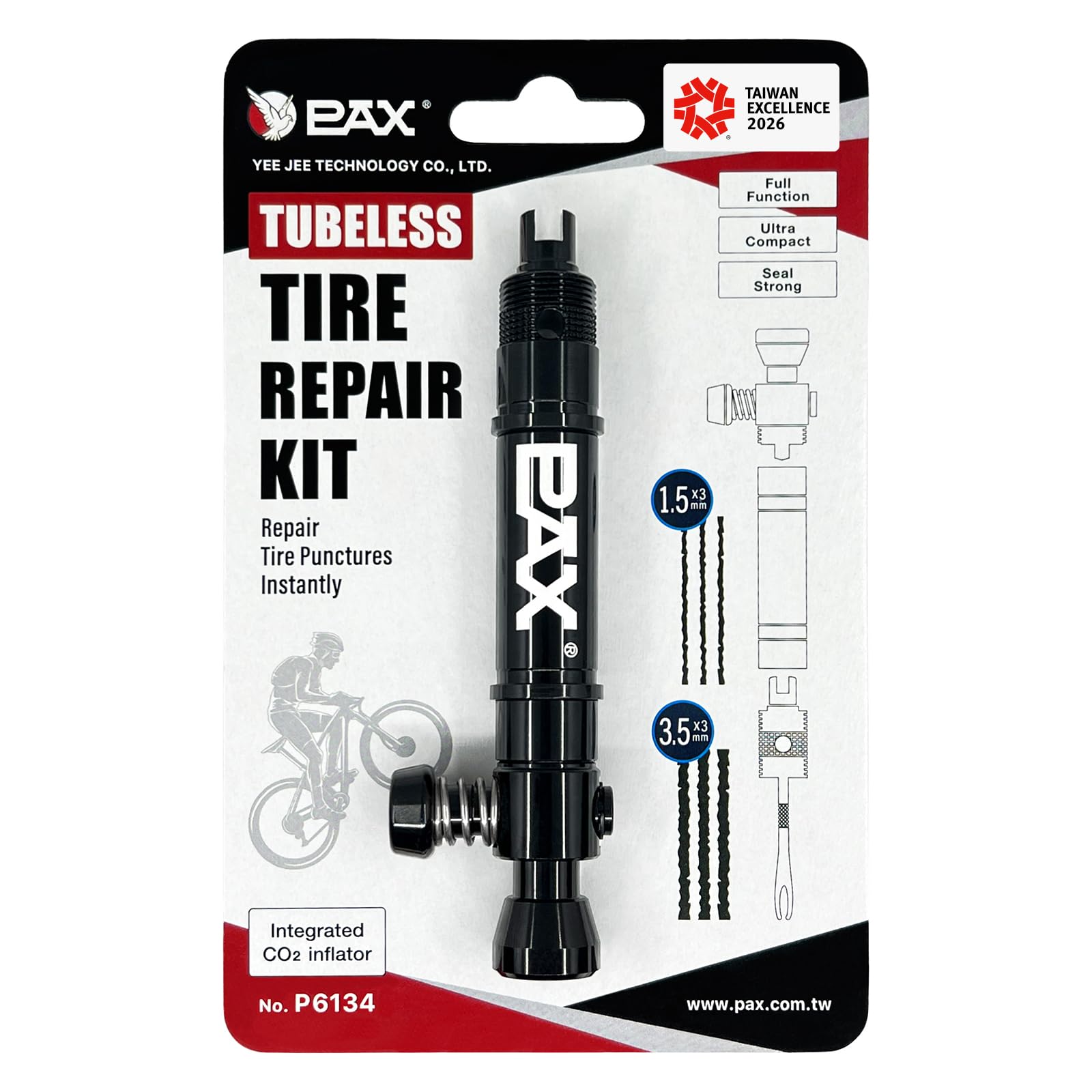 PAX 4-in-1 Tubeless Bike Tire Puncture Repair Kit - Includes CO2 Inflator Head Presta Valve Core Remover 5mm