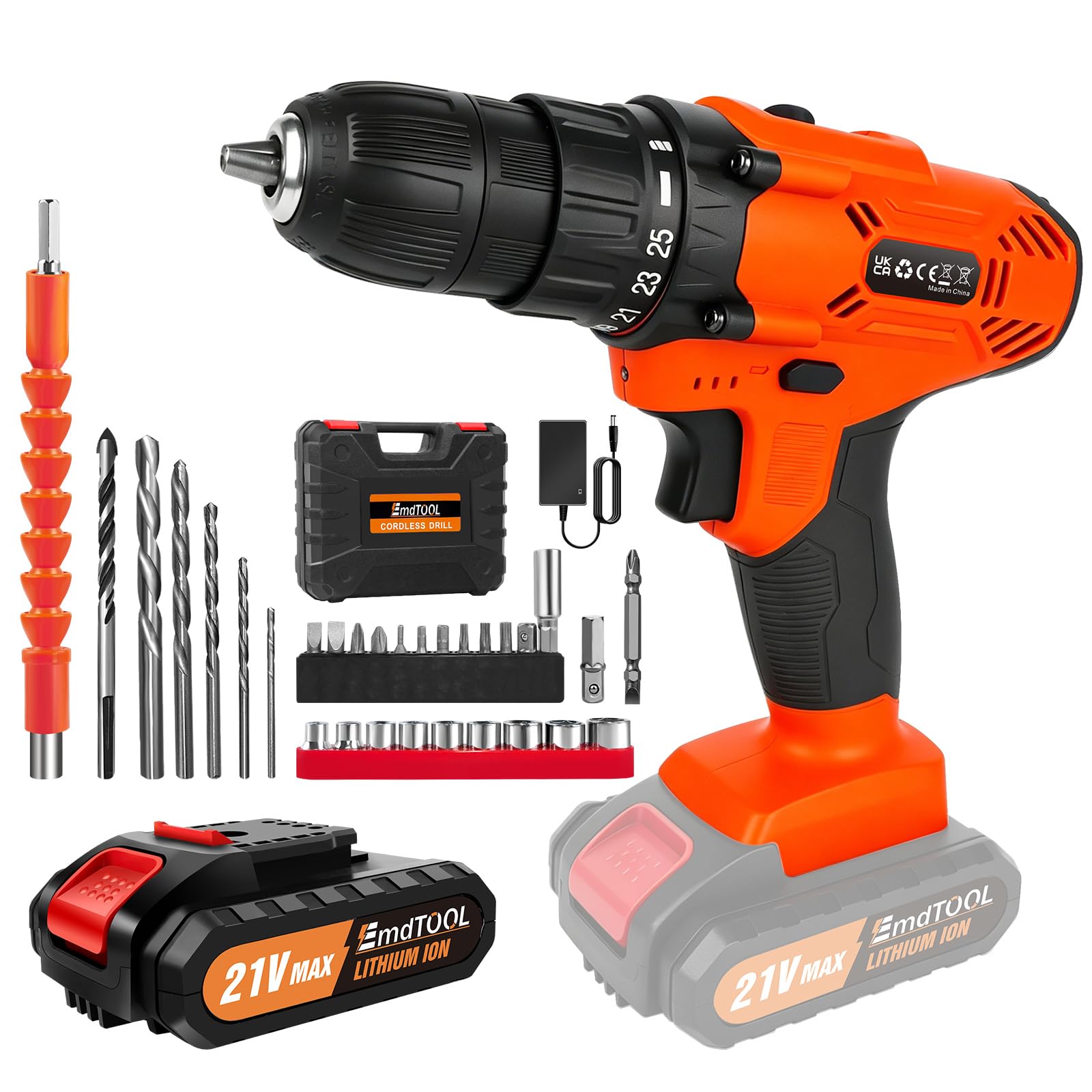 21V Cordless Drill,Electric Screwdriver Set,45Nm Cordless Combi Drill with 25+1 Torque Setting,1.5AH Li-ion Battery，29CS Accessories, LED Work Light,Home and Garden DIY Project Kit-Orange