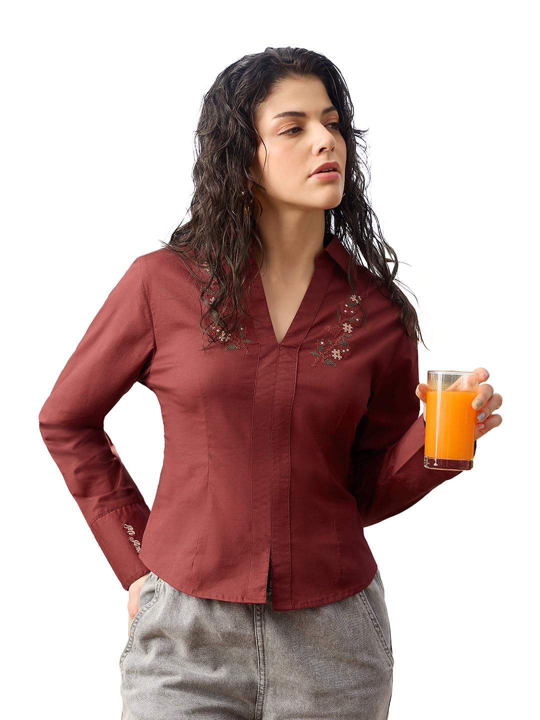the souled store Floral Valentine Women and Girls Full Length Sleeves Spread Collar Wine Embroidered Cotton Blend Slim Fit Breathable Lightweight All-Season Everyday Shirt-picture-43