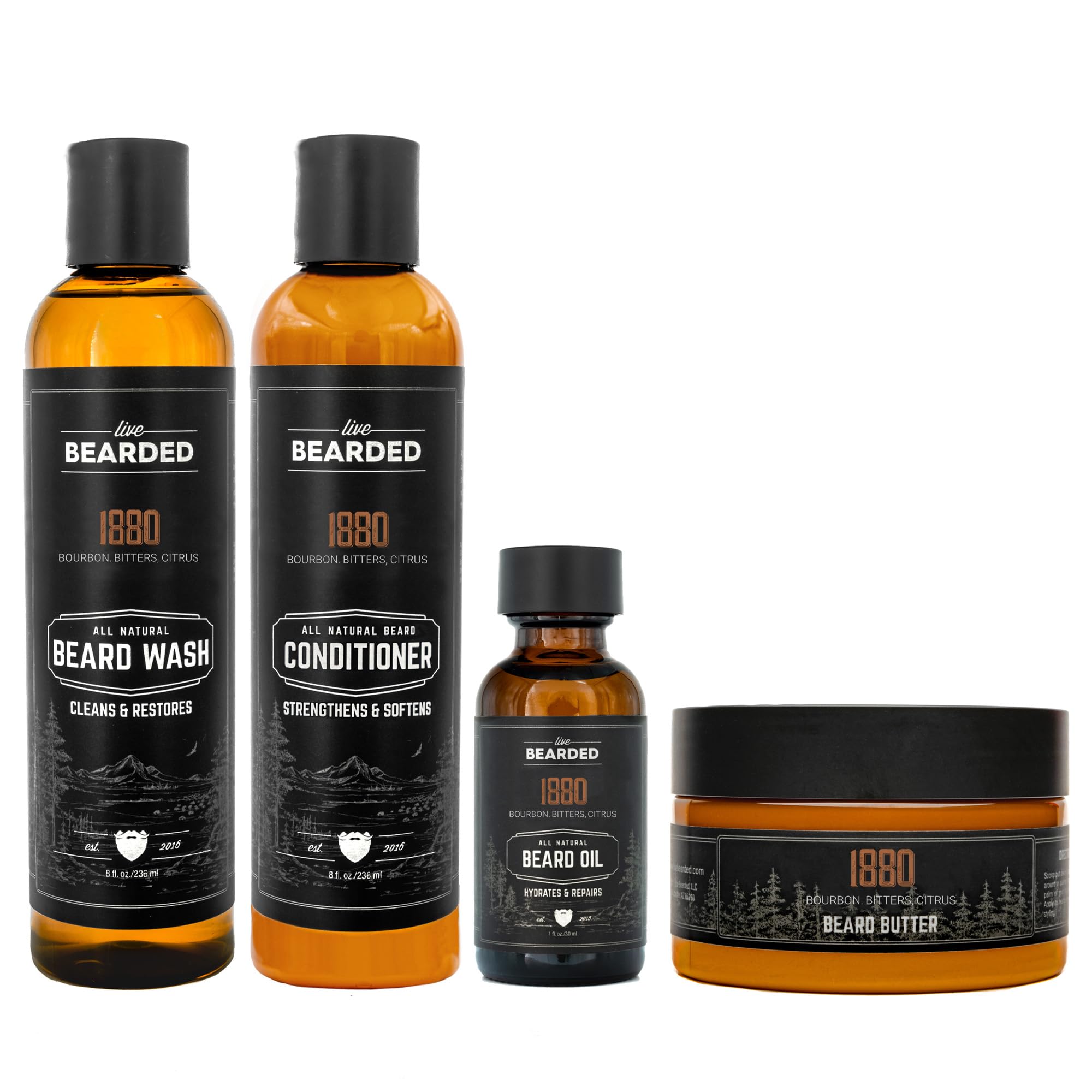 Live Bearded Complete Beard Grooming Kit - Wash, Conditioner, Butter and Oil - Made in the USA with All-Natural Ingredients - Mens Groom Set | 1880 Scent - Bourbon, Bitters, Citrus